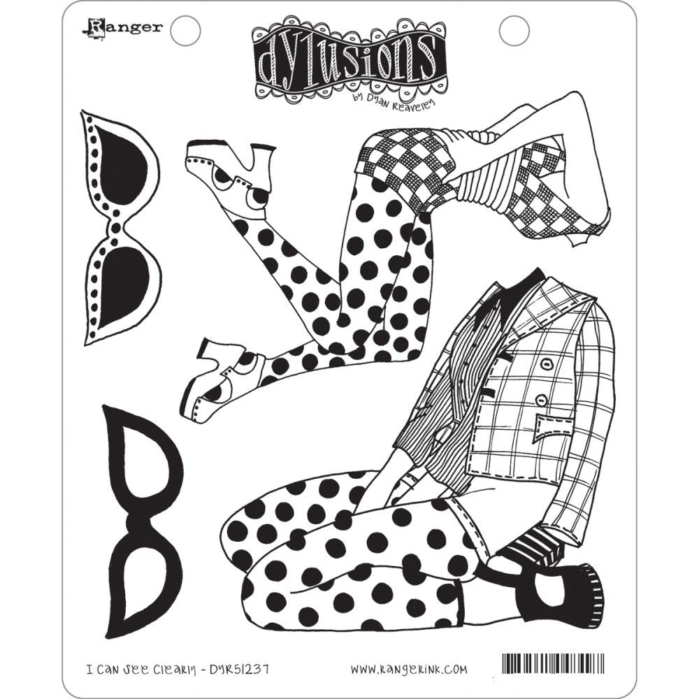 I Can See Clearly Now ... cling rubber stamps set - Dylusions by Dyan Reaveley, made by Stampers Anonymous for Ranger and Dyan.  4 (four) designs (DYR51237).  High quality deeply etched, red rubber stamps with cling foam backing, ready for arty action! Designs feature bodies and eyewear, stylish Dame Edna style glasses