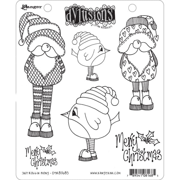 Just Robbin Along ... rubber stamp set - Dylusions by Dyan Reaveley (DYR81685). 6 (six) designs. Adorable birds, ghomes or elves and Merry Christmas message with holly. 
