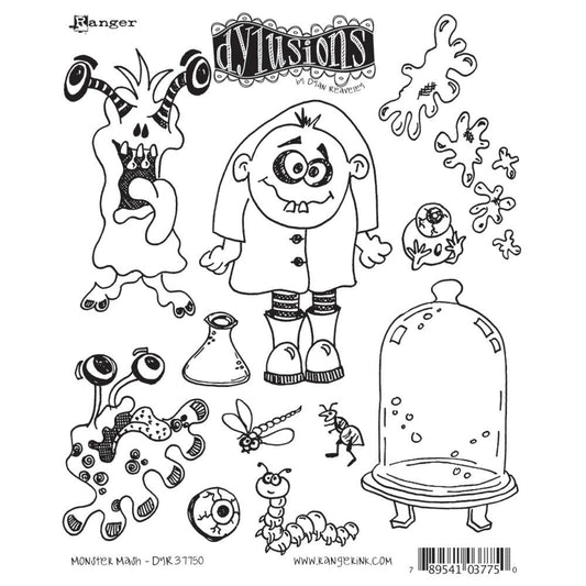 Dylusions by Dyan Reaveley Stamp Set called Monster Mash DYR37750- With these groovy red rubber cling mounted stamps, you could make such fun artwork for all year round - birthdays, hellos or thank yous - as well as Halloween. What about a congratulations card for a science student? The domed glass dish is perfect to use as an aquarium, terrarium, showing off finds from the garden, miniature villages, a cheese dish and more! Dream up an idea and get stamping!