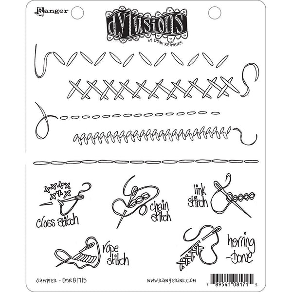 Sampler ... rubber stamp set - Dylusions by Dyan Reaveley (DYR81661). 10 (ten) designs, 5 stitched borders and 5 embroidery instructional designs.