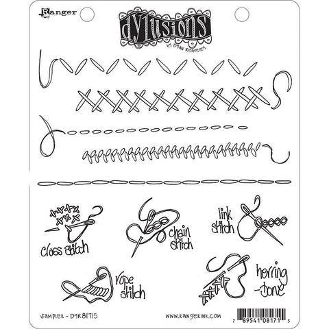Sampler ... rubber stamp set - Dylusions by Dyan Reaveley (DYR81661). 10 (ten) designs, 5 stitched borders and 5 embroidery instructional designs.