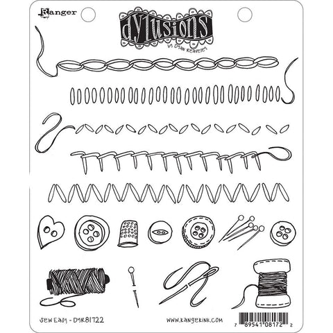 Sew Easy ... rubber stamp set - Dylusions by Dyan Reaveley (DYR81661). 10 (ten) designs, 6 stitched borders, 1 cotton real, 1 bobbin, 1 pin and 1 needle with thread.