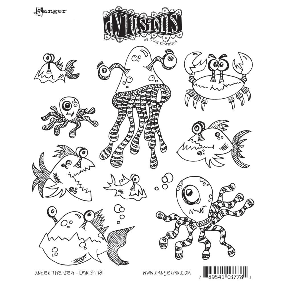 Dyan Reaveley's Dylusions Cling Rubber Stamps by Stampers Anonymous - Under the Sea - crabs, fish, octopus, squid ... Dyan Reaveley's stamps all are unique designs, high quality rubber and perfect for all art and craft projects. Use them for cardmaking, junkjournals, art journaling, mixed media, scrapbooking, creating any kind of art, stamping to colour in, gift wrap or off-the-page projects... anything at all.