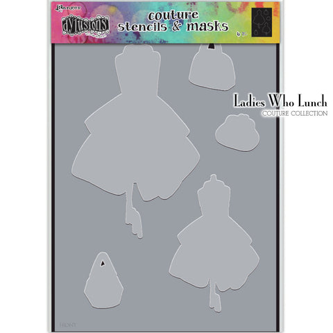 Ladies Who Lunch - Couture Dylusions Stencil and Mask Set by Dyan Reaveley. Overall size 8 1/4" x 11 3/4". Silhouettes of stylish people with accessories, designed to coordinate with the Dylusions Couture Stamp Sets of the same name.