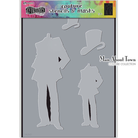 Man About Town - Couture Dylusions Stencil and Mask Set by Dyan Reaveley. Overall size 8 1/4" x 11 3/4". Silhouettes of stylish people with accessories, designed to coordinate with the Dylusions Couture Stamp Sets of the same name.