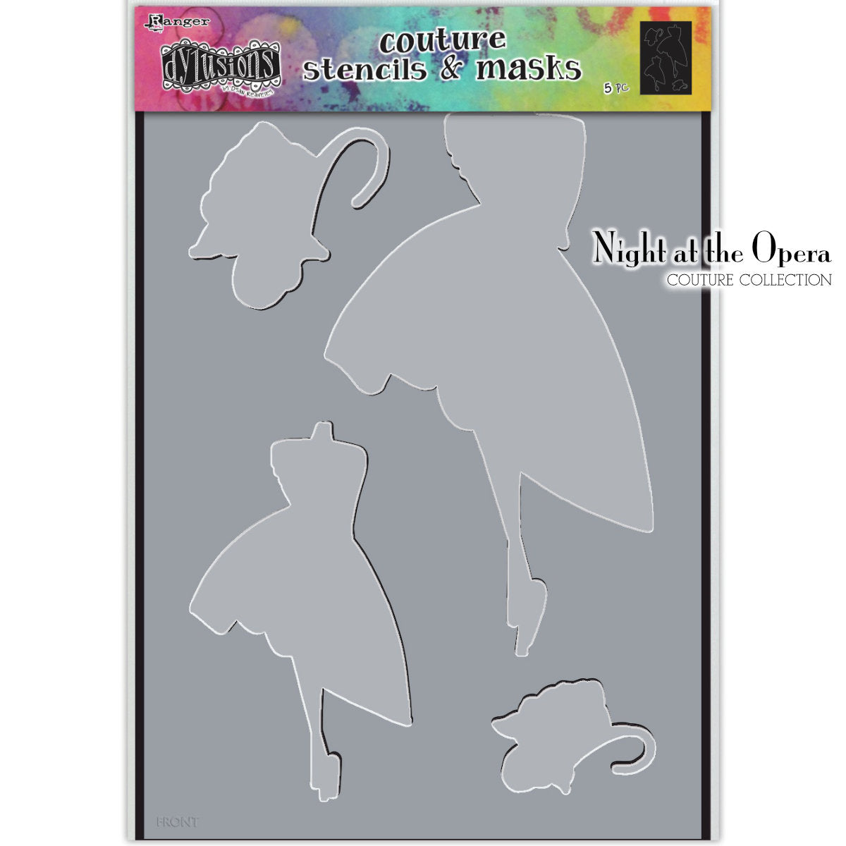 Night at the Opera - Couture Dylusions Stencil and Mask Set by Dyan Reaveley. Overall size 8 1/4" x 11 3/4". Silhouettes of stylish people with accessories, designed to coordinate with the Dylusions Couture Stamp Sets of the same name.