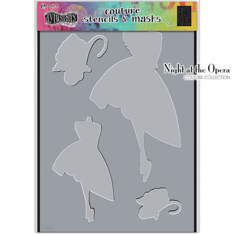 Night at the Opera - Couture Dylusions Stencil and Mask Set by Dyan Reaveley. Overall size 8 1/4" x 11 3/4". Silhouettes of stylish people with accessories, designed to coordinate with the Dylusions Couture Stamp Sets of the same name.