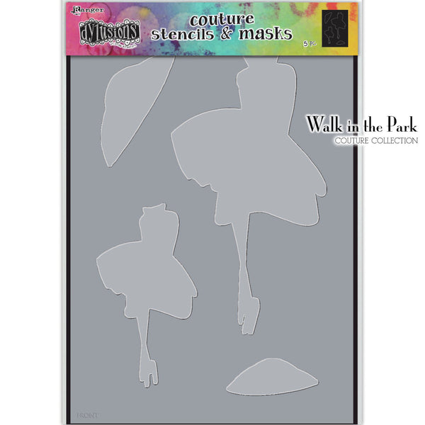 Walk in the Park - Couture Dylusions Stencil and Mask Set by Dyan Reaveley. Overall size 8 1/4" x 11 3/4". Silhouettes of stylish people in two sizes with their accessories. Walk in the Park stencil and mask set features two feminine silhouettes (person wearing a knee length dress and high heals, large and small) with sunhats.