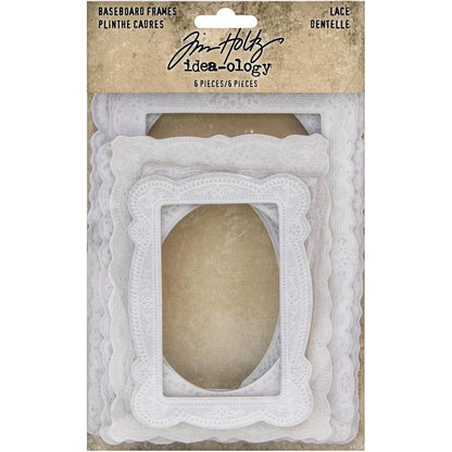 Lace Baseboard Frames - by Tim Holtz Idea-Ology ... Rectangle 2mm thick frames made from bookboard (dense chipboard), in various sizes and beautiful vintage lace designs The Lace Frames have shaped edges and intricate embossed designs on the white borders with open areas for photos, artwork, mixed media, imagery and more. Sizes vary 3" x 4 1/4" to 4 1/2" x 6 1/2". Pack contains 6 (six) pieces, one of each design. Designed by Tim Holtz, made by Advantus Corp for Idea-Ology range of treasures. TH93786