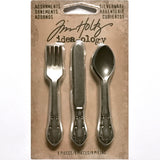 Silverware (mini cutlery, knife, fork and desert spoon) - Idea-Ology Metal Adornments by Tim Holtz. Miniature cutlery set made of silver coloured metal with fine detailed markings. 3 (three) of each, total of 9 (nine) pieces. TH93254 This is a set of 9 miniature knives, forks and spoons (3 of each) with a pretty silver coloured antique style finish. They look just like the real thing, only much smaller!