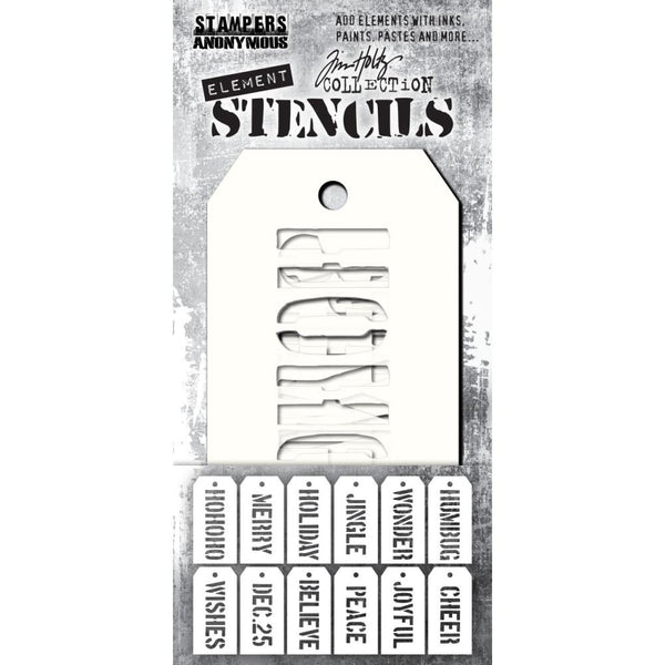 Christmas - Elements Layering Stencils by Tim Holtz ... 12 (twelve) stencils, each approx 2 3/8" x 4 3/4" (6cm x 12cm) in size. Set includes 12 words in an uppercase traditional stencil typeface (THEST003).