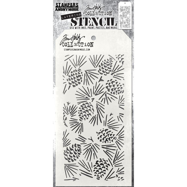 Pinecones - Layering Stencil by Tim Holtz ... gathering of pine cones and foliage. Made by Stampers Anonymous (THS164), tag is approx 4" x 8 1/2" in size.
