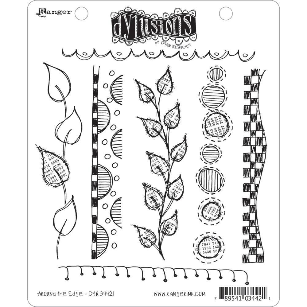 Around the Edge (DYR34421) ... rubber stamp set from Dylusions by Dyan Reaveley.  These wonderful stamps illustrated by Dyan Reaveley feature doodled designs, collaged elements, leaves, scallops, stitches (blanket stitch edge) and more. Perfect for borders, edges, dividers, around pages, creating boxes or frames and more. Total of 7 (seven) designs.