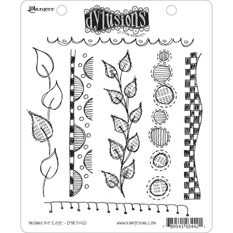 Around the Edge (DYR34421) ... rubber stamp set from Dylusions by Dyan Reaveley.  These wonderful stamps illustrated by Dyan Reaveley feature doodled designs, collaged elements, leaves, scallops, stitches (blanket stitch edge) and more. Perfect for borders, edges, dividers, around pages, creating boxes or frames and more. Total of 7 (seven) designs.