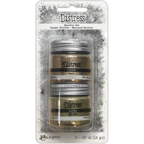 Sparkle Set - Christmas Golds (vintage and rose) ... Tim Holtz Distress. 2 (two) jars (each with 14-15 grams, one jar of each colour) of ultra fine, beautiful glittery golds of vintage and rose.  Add a touch of vintage glittery goodness this Spring (and Christmas) with these mixed media sparkly effects.  Garland (vintage gold) and Tinsel (rose gold) - two different very very fine glitters in two different golden colours, to complement the nostalgic vintage palette of the whole Distress range