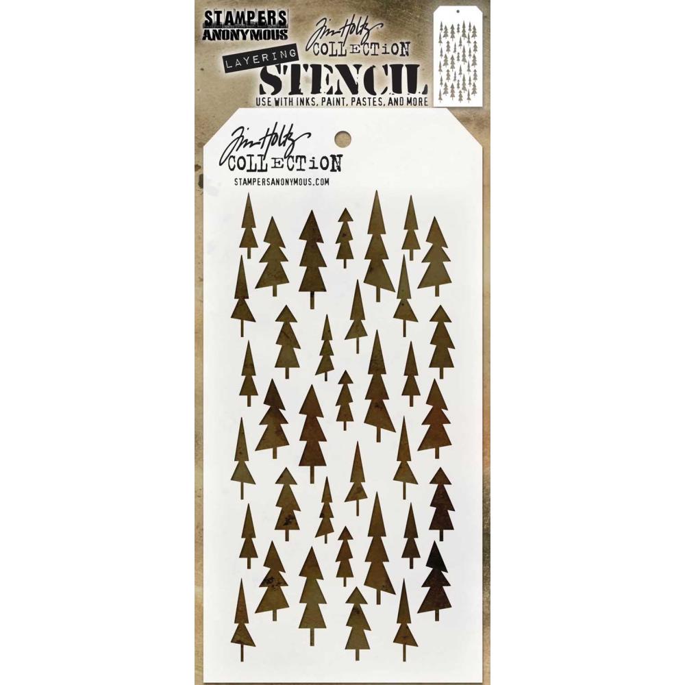 Tree Lot ... layering stencil by Tim Holtz (THS150).  This design by Tim features a groovy pattern of stylized trees scattered over the whole surface.  Create layers of colour and texture using this stencil with a wide variety of art supplies - paints, pastels, markers, pencils, gesso, texture paste, mediums and other art and craft materials.