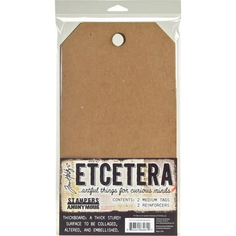 Etcetera Thickboard Tags, Medium ... by Tim Holtz and Stampers Anonymous - 2 (two) hardboard tags, each 6.5" x 12" in size. Tim Holtz Etcetera Thickboard is a kraft brown hardboard substrate, a 4-5mm thick wood-like material used for mixed media. Etcetera tags are made with compressed paper, made to have the look and feel of mdf or craftwood.  It is strong, sturdy and solid with a matte smooth finish on both sides, perfect for unique gifts, home decor, dioramas, gift tags, wallart, frames.