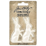 Salvaged Rabbits - Idea-Ology Resin Models by Tim Holtz ... 2 (two) miniature bunnies made of white resin, each standing tall at 2 3/8" (58mm) high.   This pair of three dimensional miniature bunnies are perfect models for creating display pieces in the theme of Easter, picnics, Peter Rabbit and friends, Velveteen Rabbit, Mad March Hare, Rabbids (those critters from the game who throw plungers, lol), wild bunnies who race tortoises and anything else you can dream up. 