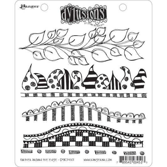 Further Around the Edge (DYR34513)  ... rubber stamp set - Dylusions by Dyan Reaveley.  This set includes 6 borders and lines in a variety of doodled designs featuring leaves, pointy tangles, dashed line, and wavy detailed edges, perfect for horizontal and vertical linework, frames, borders and creating scenery.  Dyan Reaveley's stamps all are unique designs, high quality rubber and perfect for all art and craft projects.