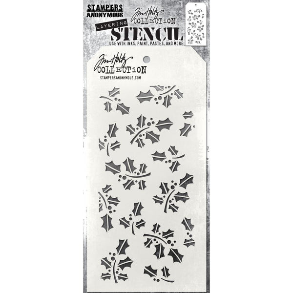 Hollyberry - Layering Stencil by Tim Holtz ... gathering of holly leaves and berries. Made by Stampers Anonymous (THS165), tag is approx 4" x 8 1/2" in size.