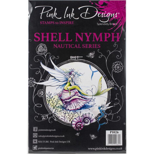 Shell Nymph, Nautical Series - Pink Ink Designs Stamp Set for sale at Art by Jenny in Australia. Product id PI026. This beautiful set of stamps features a mermaid sitting on a conch shell with 2 miniature silhouettes of water nymphs (fairies), a seahorse, sea snail shell, splashes and seaweed. Wonderful additions to creating your whimsical underwater world.