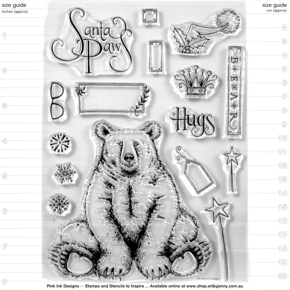 Bear Hugs - by Pink Ink Designs of the UK (pi039 )... Set of 16 (sixteen) clear cling stamps (fauna series) with a large sitting bear and other wonderful illustrations. Perfect for any occasion including birthdays, thank yous, stay safe, sending hugs, Christmas and Birthdays, any theme, any time of year - any excuse to create with a bear!