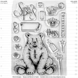 overview of the Pink Ink Designs Stamp Set with approximate sizes in metric and imperial at Art by Jenny