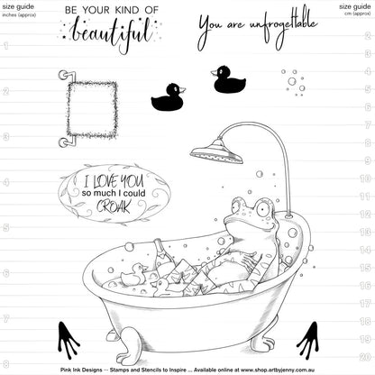 size guide for the Froggy Paddle stamps by Pink Ink Designs, showing a frog in a bathtub with rubber duckies and bottle of bubbly, with quotes and footprints