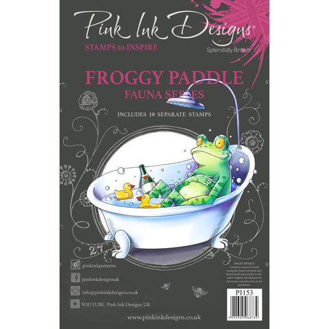 Froggy Paddle - Clear Stamp Set by Pink Ink Designs ... Set of 10 (ten) clear cling stamps. Fauna Series, PI153. happy frog in a bathtub with rubber ducks and bottle of bubbles