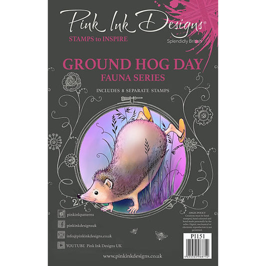 Ground Hog Day - Clear Stamp Set by Pink Ink Designs ... Set of 9 (nine) clear cling stamps. Fauna Series, PI151.  This most adorable little ground hog loves to walk on his hands in tall grass while wearing thongs (flip flops)