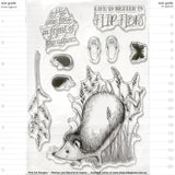 size guide for the set of Ground Hog Day - Clear Stamp Set by Pink Ink Designs ... Set of 9 (nine) clear cling stamps. Fauna Series, PI151.   a hedgehog walking on his hands in tall grass while wearing thongs (flip flops)