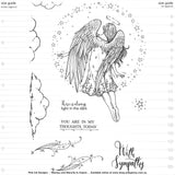 Angelus - Clear Stamp Set by Pink Ink Designs ... Set of 10 (ten) clear cling stamps. Mythical Series, PI175.  showing dimensions of the angel and clouds.