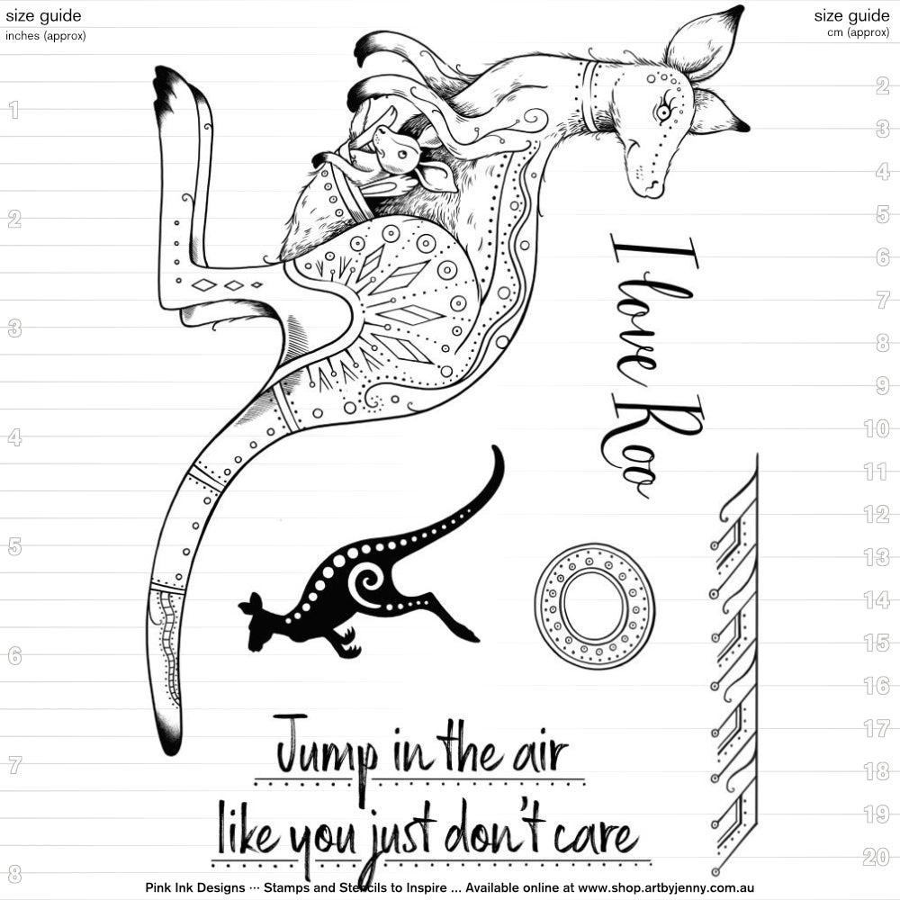 I Love Roo (kangaroos) - Clear Stamp Set by Pink Ink Designs ... Set of 6 (six) clear cling stamps. Fauna Series, PI165. image showing dimensions