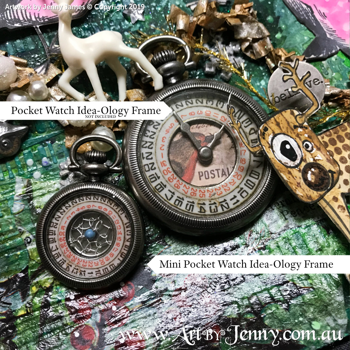 Mini Pocket Watch (left), 1 3/4" x 1 1/4" in size with the retired Fob Watch Frame - both Tim Holtz IdeaOlogy pieces, made into giftware by Jenny James of Australia. 