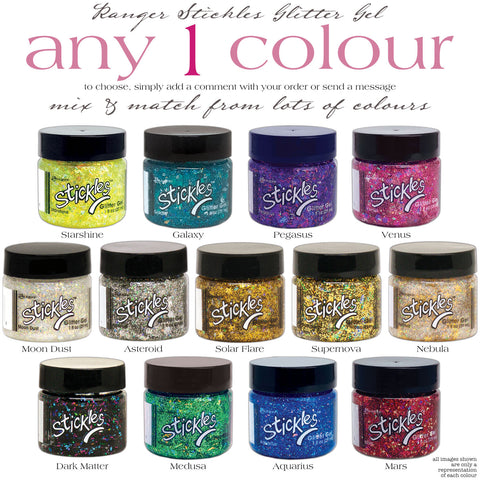 Stickles Glitter Gel ... by Ranger - a thick tacky gel matte medium with an abundance of glittery goodness (glitters, speckles, sequins floating in clear and tinted gel mediums), available in 13 beautiful colours. Stickles Gel is a 1 fl oz (29ml) wide opening jar. 