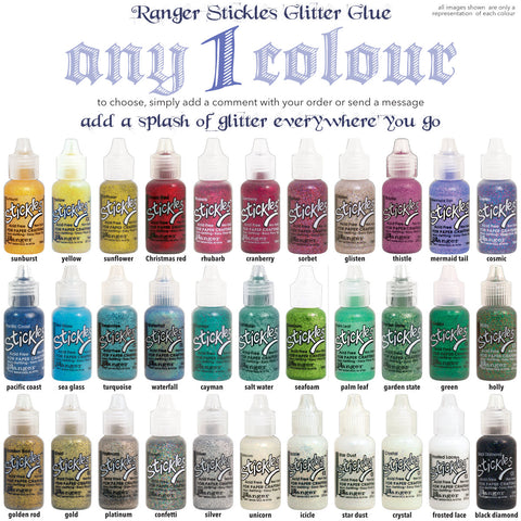 Stickles Glitter Glue ... by Ranger - a creamy, smooth glue infused with an abundance of super fine glitters in many colour choices. Stickles Glitter Glue is in an 18ml bottle with a fine tipped nozzle and easy squeeze application.
