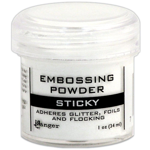 Ranger Sticky Embossing Powder is great to adhere Ranger’s Tim Holtz Stickles Dry Glitter, micro beads, foils, powders and flocking. When heat embossed, this dry embossing powder melts into a dimensional, clear tacky surface. 24g in 1oz sized jar.