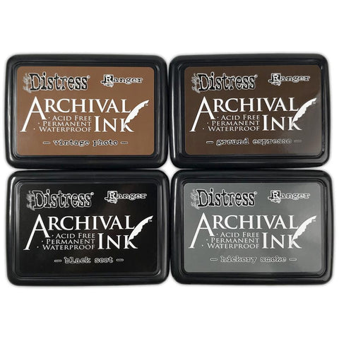Distress Archival Ink Pad Stack ... by Tim Holtz and Ranger - Set of 4 (four)  Archival Ink full sized stamp pads in Black Soot, Ground Espresso, Vintage Photo, Hickory Smoke