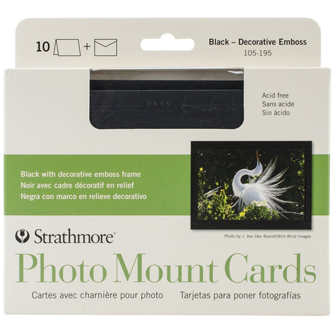 Black Photo Mount - Cards and Envelopes - Strathmore ... pack contains 10 (ten) blank greeting cards and 10 (ten) envelopes. Card size (folded) is 6 7/8" x 5" (17.4cm x 12.7cm), heavyweight black cardstock. The embossed border features simple lines, dots and scrollwork around a space large enough to display a 6"x4" photo or artwork. The envelopes are also black with a slight textured surface.