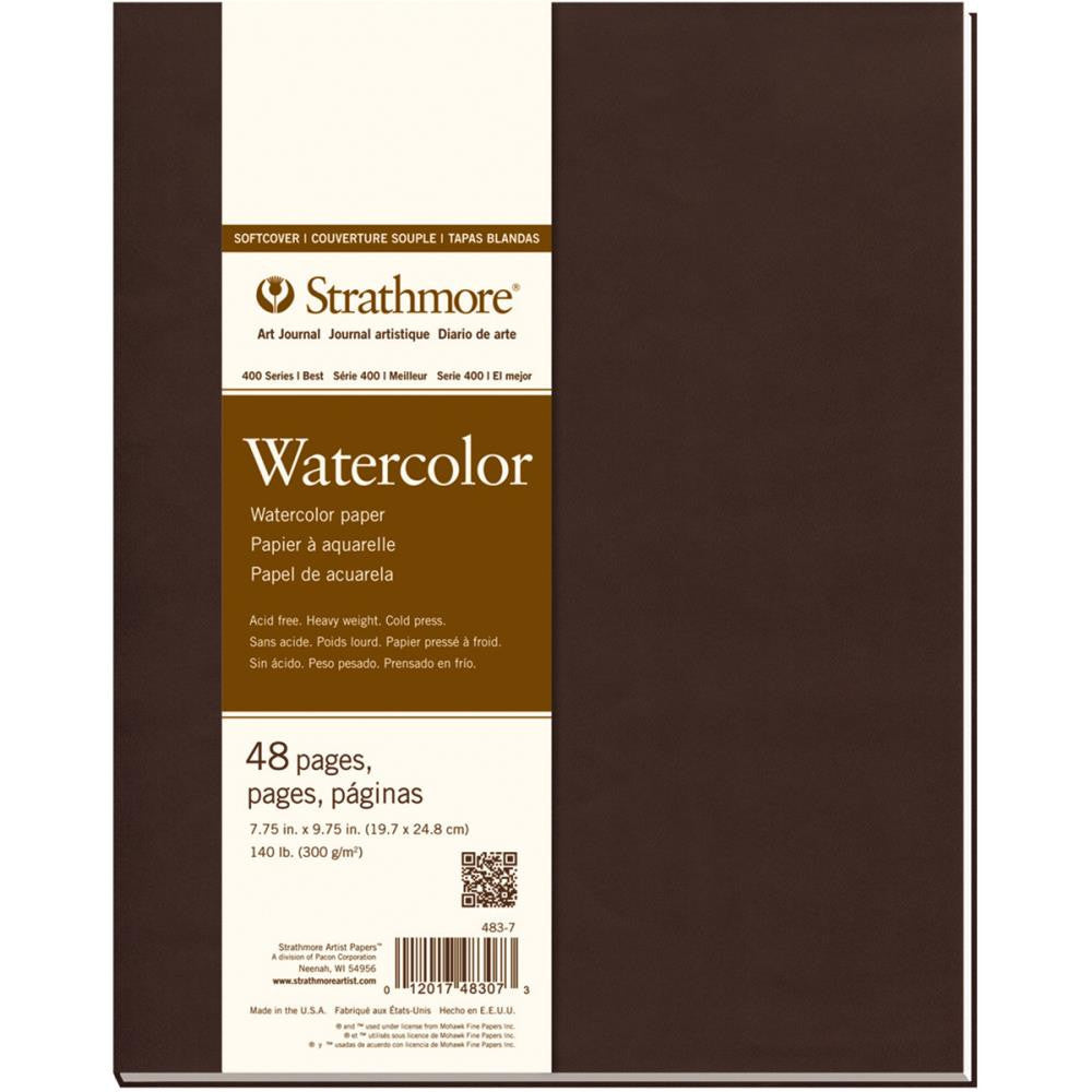 Watercolour Journal - 19.7cm x 24.8cm (7.75" x 9.75") ... by Strathmore . A softcover blank book with natural white, heavyweight 140lb 300gsm, cold press very lightly textured, watercolour paper. Softcover, 48 pages (24 sheets). A great size for journaling, practicing, collage, painting and drawing everywhere you go! The paper is excellent quality natural white with a strong surface, ideal for inks, gouache and acrylic as well as mixed media, collage, all kinds of visual crafts and fine arts.