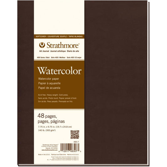 Watercolour Journal - 19.7cm x 24.8cm (7.75" x 9.75") ... by Strathmore . A softcover blank book with natural white, heavyweight 140lb 300gsm, cold press very lightly textured, watercolour paper. Softcover, 48 pages (24 sheets). A great size for journaling, practicing, collage, painting and drawing everywhere you go! The paper is excellent quality natural white with a strong surface, ideal for inks, gouache and acrylic as well as mixed media, collage, all kinds of visual crafts and fine arts.