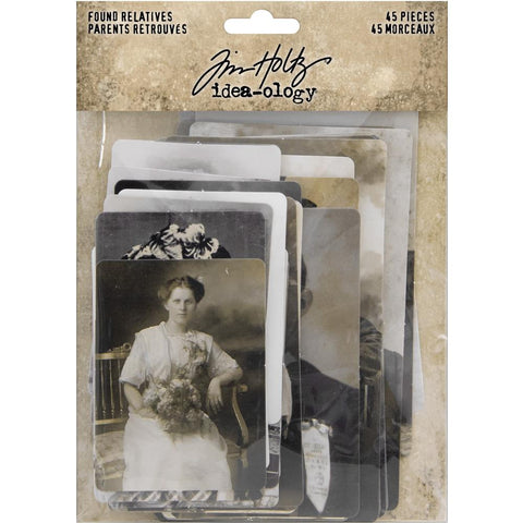Tim Holtz Idea-Ology Found Relatives - 45 Vintage Photographic Portraits - an eclectic gathering of photos to use in arts and crafts. This collection of photographs are from a bygone era. Each photo features relatives or friends, favourite people, long lost Aunt - they can be whoever you want them to be! Each photo is trimmed with rounded corners, printed on high quality, study cardstock, beautifully printed in tones of sepia (dark brown), black and white.