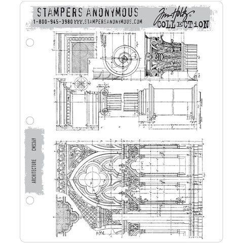 Architecture ... by Tim Holtz and Stampers Anonymous - 2 (two) large cling red rubber stamps (cms369). These 2 (two) background stamps feature designs of a grand ornate building, shown in the style of a draftsperson or architect's viewpoint. Intricately detailed with fine lines, measurements with blueprint style notes.