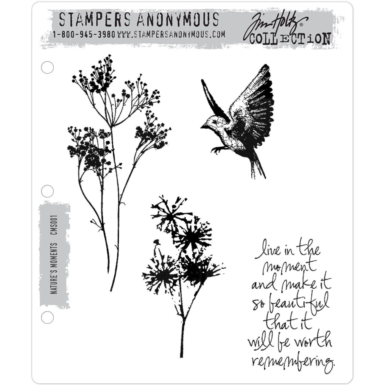 Nature's Moments ... by Tim Holtz and Stampers Anonymous (cms001). Set of 4 (four) red rubber stamps mounted with cling foam to use for mixed media, journaling, visual arts and papercrafts. Number one - Life in the moment and make it so beautiful that it will be worth remembering. A wonderful collection of stamps by Tim Holtz. Designs include a beautiful quote, two wildflower silhouettes and a flying bird. 4 (four) designs in total made of red rubber by Stampers Anonymous.
