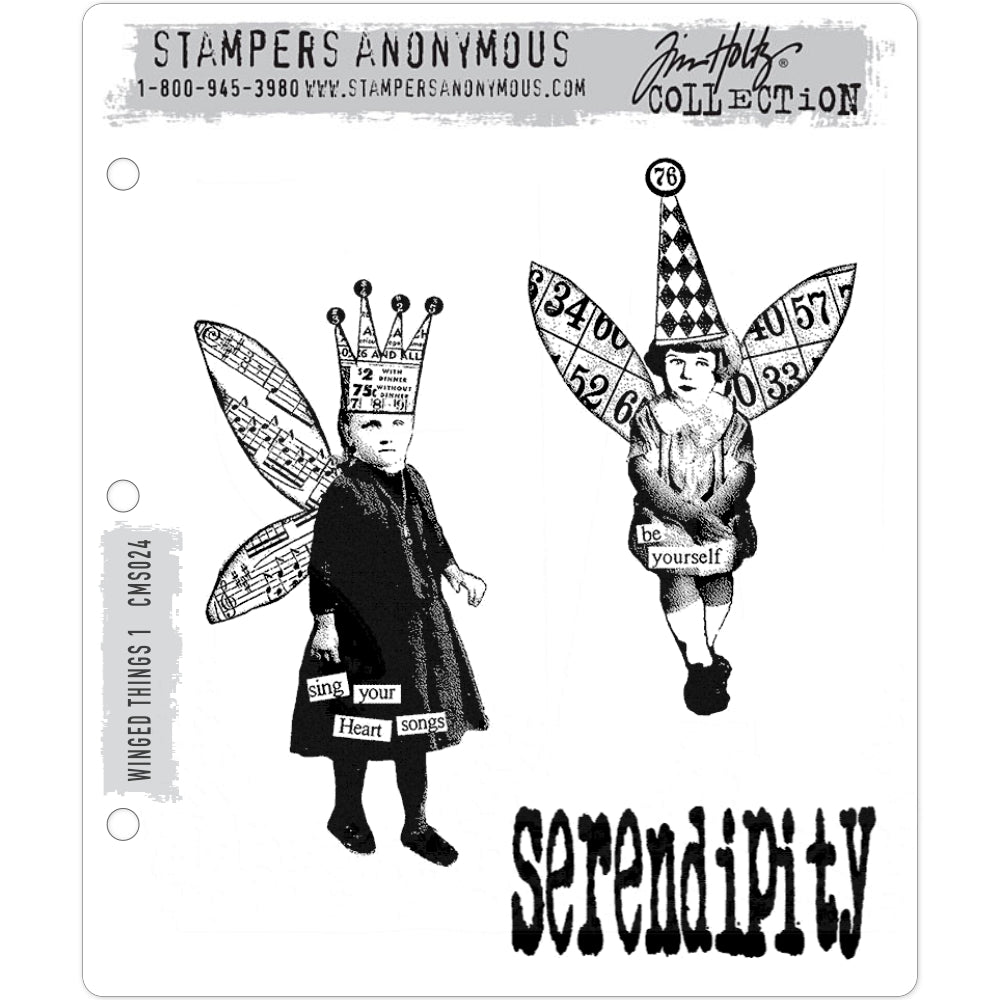 Winged Things (no.1) ... cling rubber stamps by Tim Holtz &nbsp;and Stampers Anonymous (cms024). 3 (three) designs for papercrafts, scrapbooking, gel plate printing, visual arts. 
The wonderful designs feature two collaged girls from long ago, both wearing wings. One little girl has a tall clown hat and the words "be yourself", the other girl has a 4-pointed crown and the words "sing your heart songs". The third stamp is the word "serendipity" in a condensed typeface.