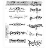 Postcards ... 10 (ten) cling rubber stamps by Tim Holtz (cms099).   This collection features vintage labels and logos inspired by those often found on the back of antique postcards. The beautiful designs include flourishes, illuminated lettering and icons. With ten different designs, there's one to suit every occasion! 10 stamps in total.