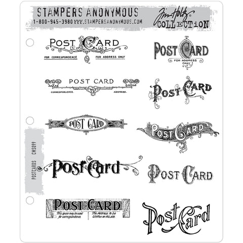 Postcards ... 10 (ten) cling rubber stamps by Tim Holtz (cms099).   This collection features vintage labels and logos inspired by those often found on the back of antique postcards. The beautiful designs include flourishes, illuminated lettering and icons. With ten different designs, there's one to suit every occasion! 10 stamps in total.