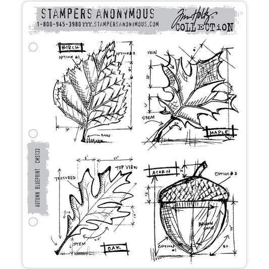 Tim Holtz Stampers Anonymous cling mounted red rubber stamps featuring Autumn leaves and an acorn in the Blueprint style.