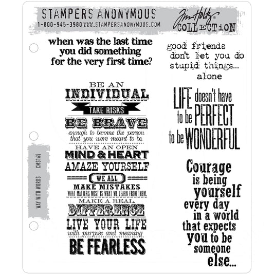 Way With Words ...&nbsp; by Tim Holtz and Stampers Anonymous (cms165). 5 (five) rubber stamps featuring wise quotes in wonderful typographical layouts.&nbsp;  Add these mindful messages to your next journal page or greeting card. Each quote is in a different typestyle and layout, from artistic to simple typewriter style lettering. Perfect for cards, tags, journaling, scrapbooking, memory keeping, planners, off the page crafts, stamping and other papercraft projects.