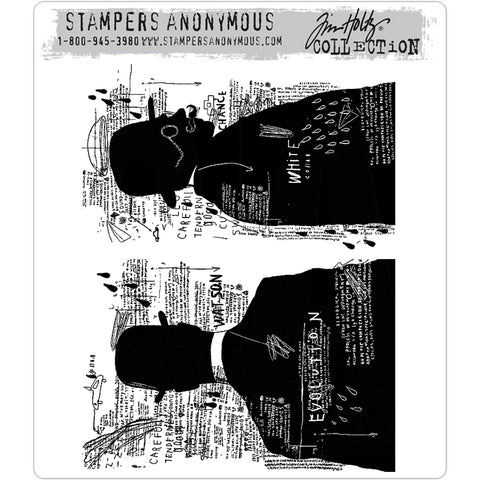 Evolution ... set of 2 large cling rubber stamps by Tim Holtz (cms262).  This pair of stamps feature a detailed silhouette of a man with a bowler hat, moustashe and monicle (to me he looks a bit like Jacques Clouseau (the detective) or Watson from Sherlock Holmes) on a background of an inky well used notebook. One one stamp you see his back, the other is a sideview. 2 stamps in total.  Approx size : sideview 8cm x 15cm, backview 10cm x 15cm.